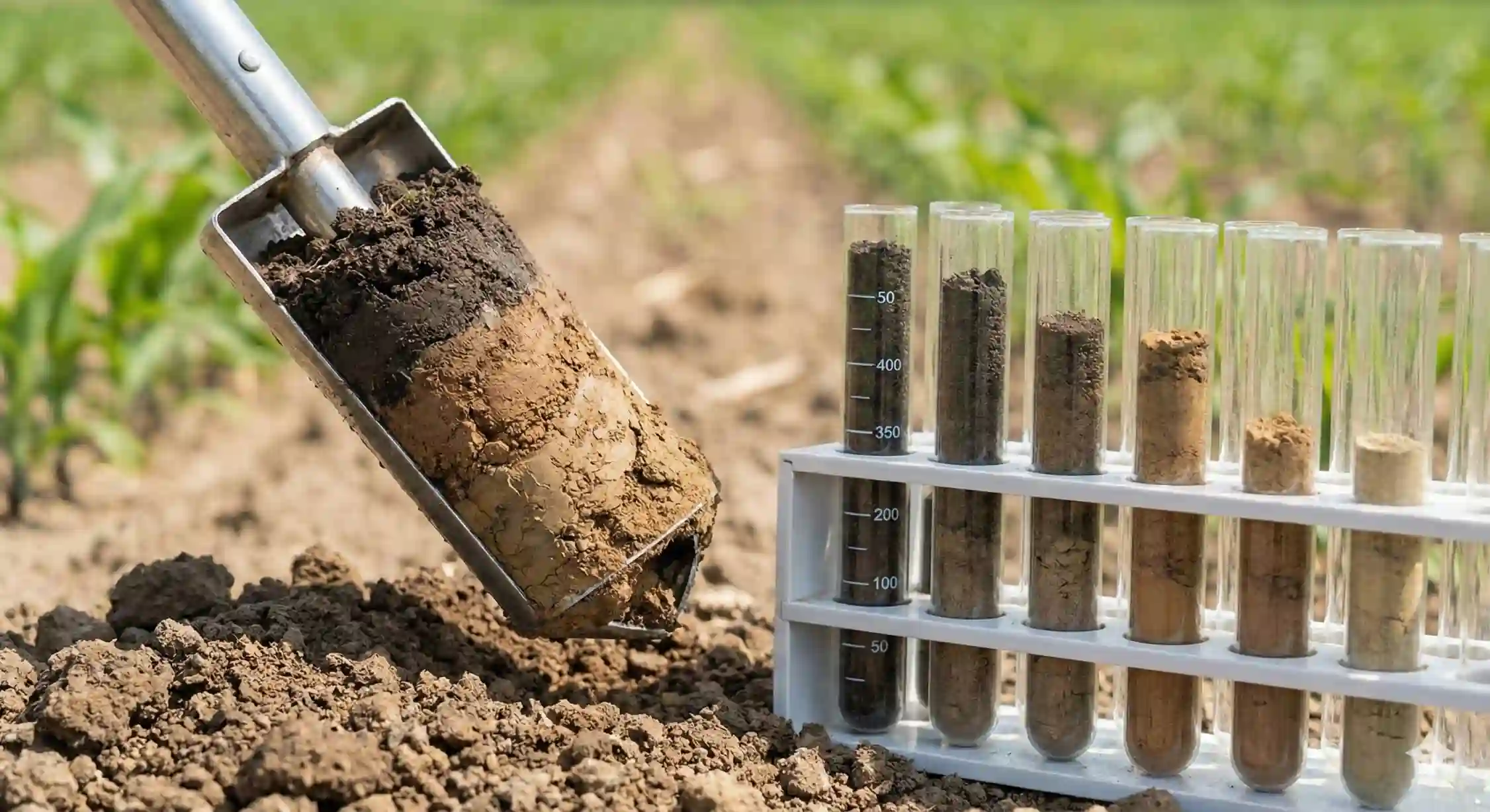 نمونه برداری و آزمایش خاک کشاورزی با مته نمونه بردار برای تعیین بافت و عناصر خاک.