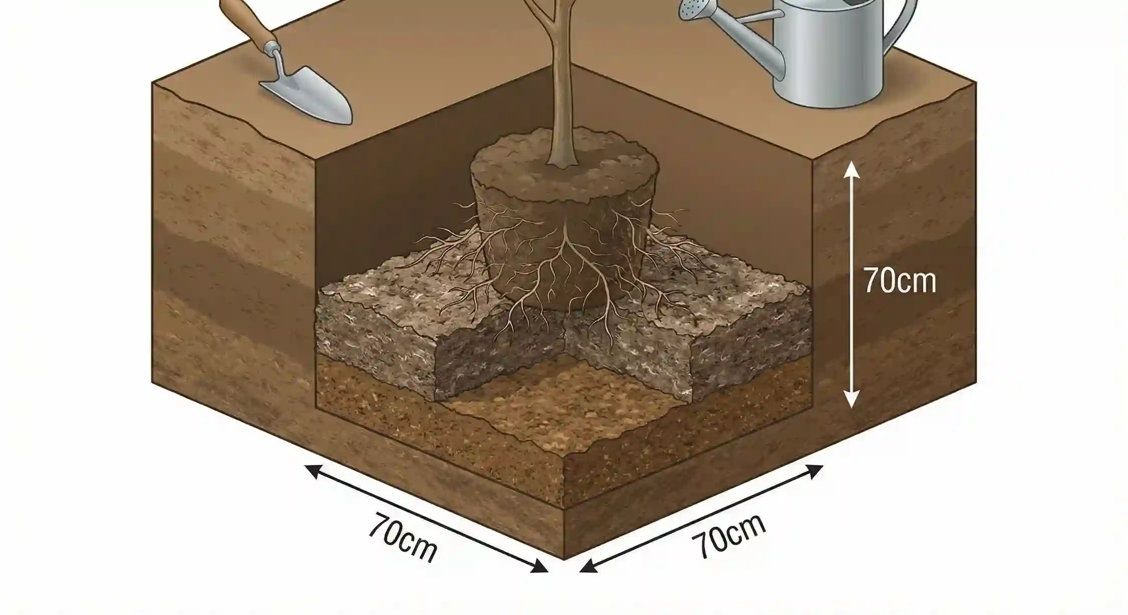 ابعاد استاندارد چاله کنی برای کاشت نهال و لایه‌بندی خاک در روش صحیح باغداری.
