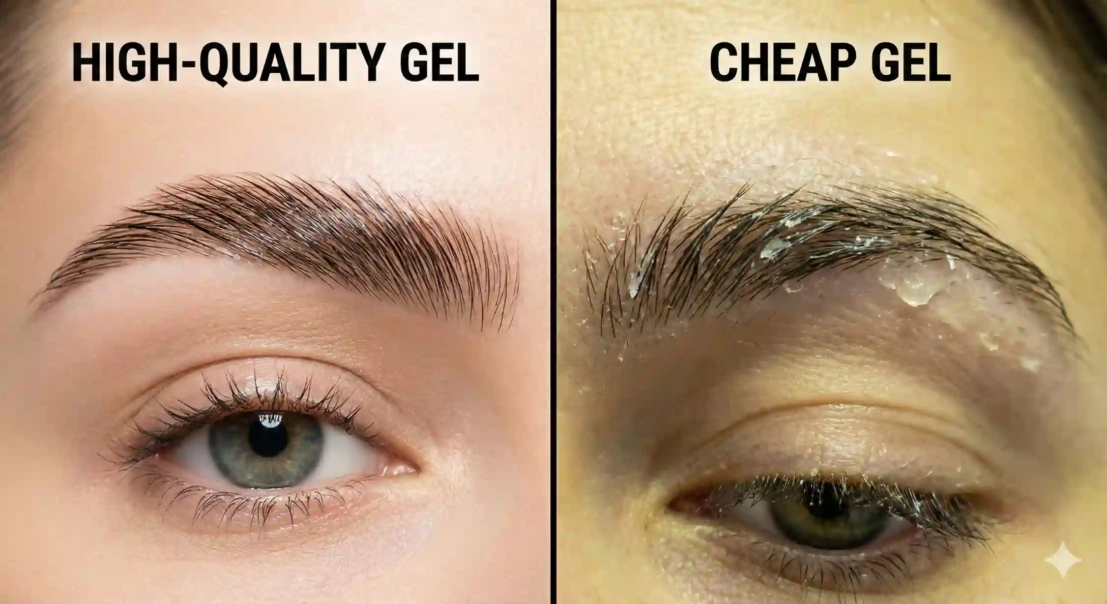 مقایسه ژل ابرو باکیفیت و بدون سفیدک با ژل ابرو بی کیفیت و خشک.
